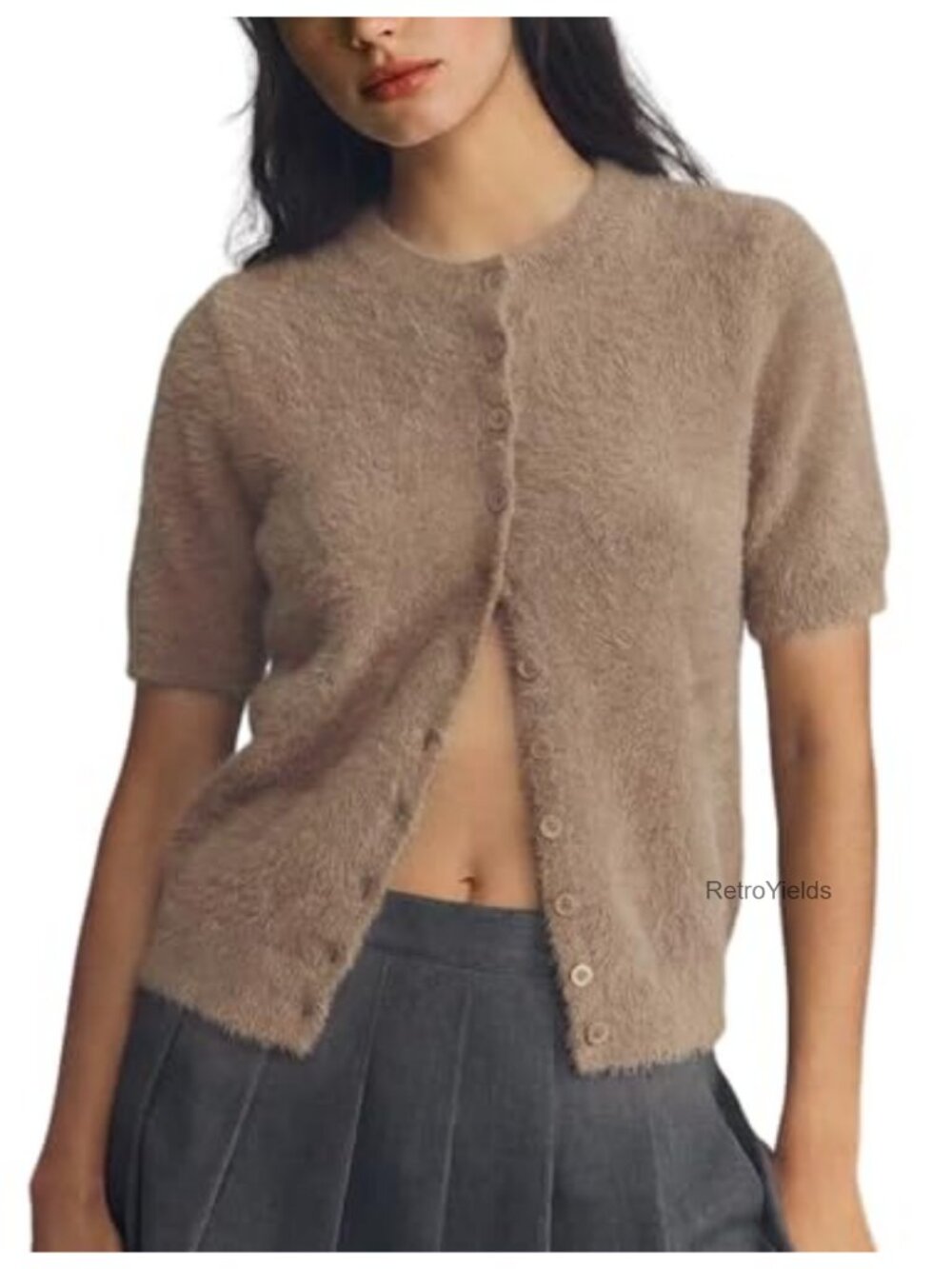 Fuzzy Short Sleeve Button Down Cardigan Sweater Womens Cozy Mohair Knit
